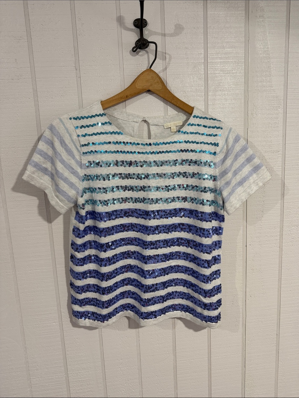Lisa Todd White Top with Aqua and Royal Blue Sequin Stripes